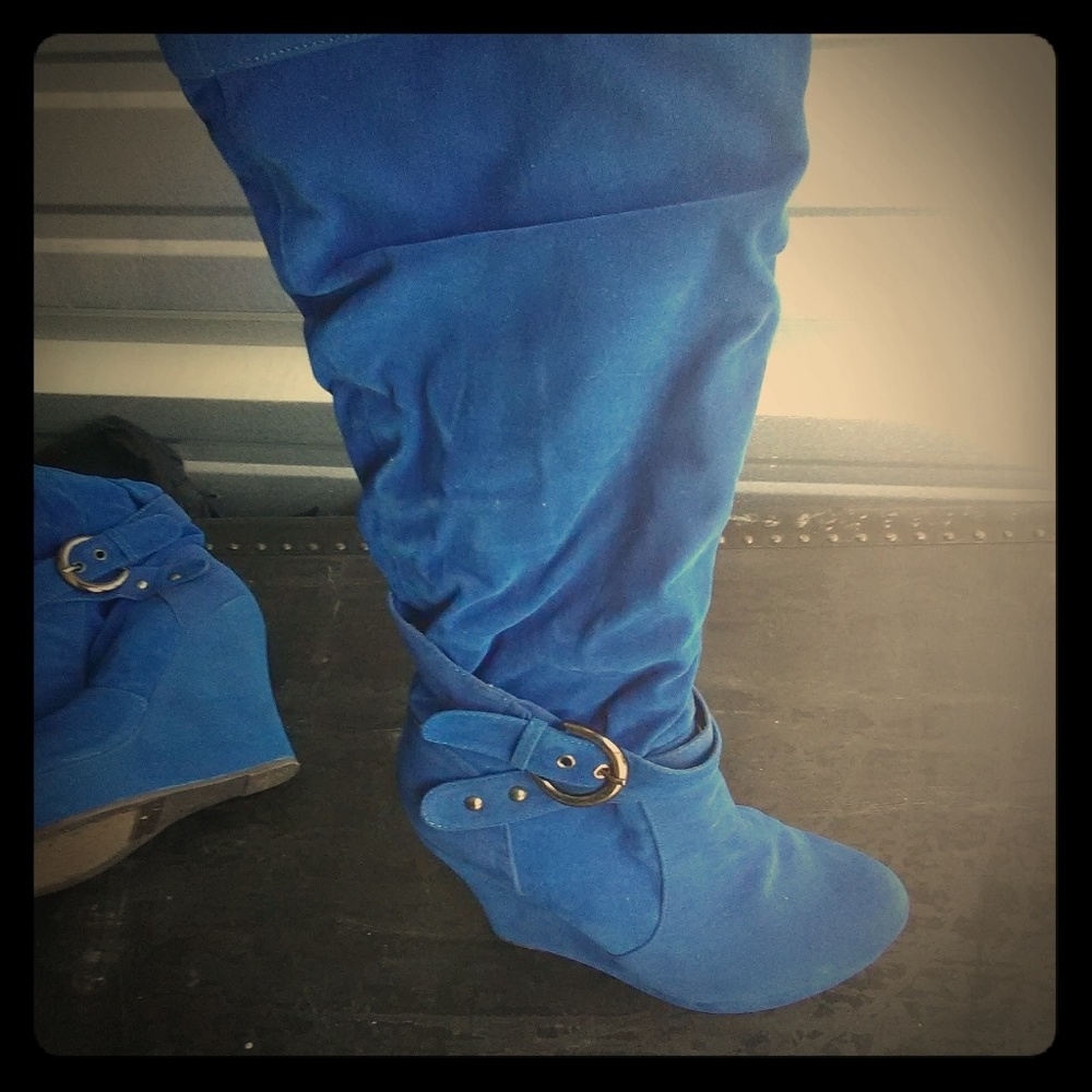 Blue suede over the knee wedge boots